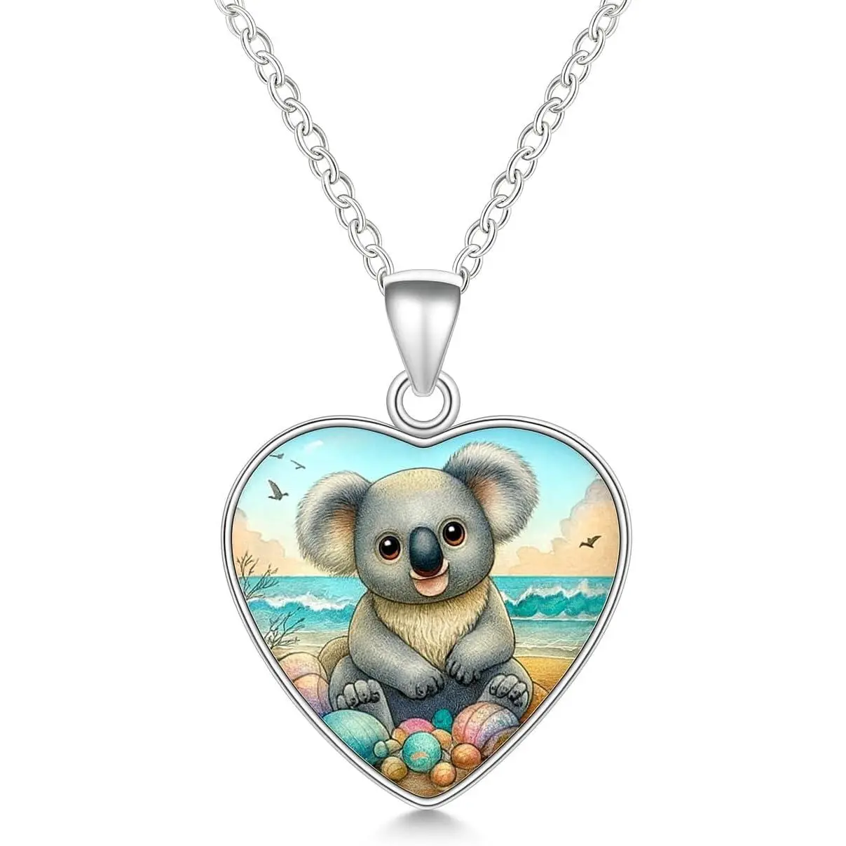 Women's High-Quality Silver-Toned Heart-Shaped Koala Beach Scene Pendant Necklace, 0.79in Width, Casual Daily Costume Jewelry, Nature-Themed, 0.79 Inches, Shell, Chain And Charm Decorations Necklaces, Chain Jewelry Necklaces
