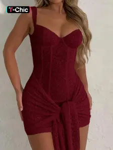 Women's Feminine Floral Lace  Strappy Corset Structure Dress, Elegant Sleeveless Short Fitted Dress for Party Club Dating Wear, Ladies Summer Clothes, Womenswear, Style