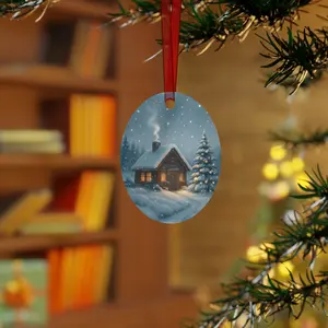 Snowy Cabin Bell Metal Ornament — Cozy Winter Christmas Tree Decoration
