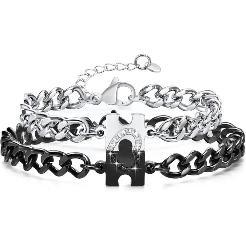 1 Pair Matching Bracelets for Couples : Long Distance Relationship Gifts Puzzle Heart Stainless Steel Bracelets for Women Men His Hers Bracelets Set for Bf gf Husband Wife Friends Anniversary Promise Gift