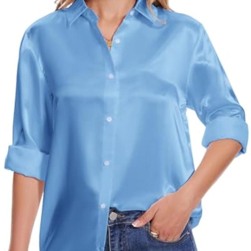 YAMANMAN  Loose Fit Casual v-neck Top Satin Blouse  Business Fashion Soft Breathable Summer Women's Loose Long Sleeve Collared Shirt