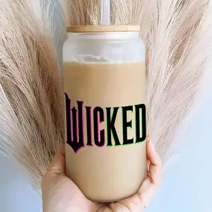 Wicked (Musical Themed) 16oz Glass Can Cup with Lid and Straw, Reusable Glass Drinking Cup, High-Quality Glass Jar for Iced Coffee, Hot Chocolate, Stylish Fashionable Glassware, Perfect Gift for Wicked Musical Fans & Pop Culture Enthusiasts