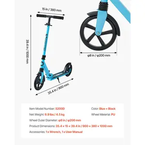 Summervibes VEVOR Kick Scooter for Kids Ages 8+, Teens Adults, 2-Wheel Toddler Scooter with Adjustable Height Handlebar, Wide Anti-Slip Deck, Foldable Lightweight for Boys Girls up to 220 lbs, Blue+ Black