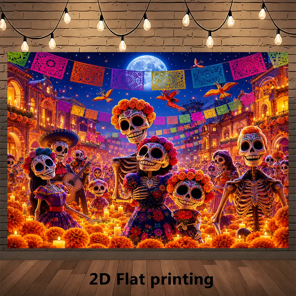 Dia de los Muertos Festival Backdrop, Full Moon Papel Picado Marigold Calavera Mexican Street Celebration Photography Background for Party Wall, Event Photos and Stage Decor