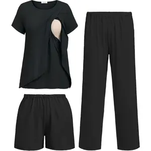 3 PCS Maternity Nursing Pajamas Set Postpartum Breastfeeding Short Sleeve Shirts, Pregnancy Shorts & Pants Pjs S-XXL