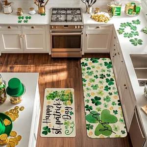 St. Patrick's Day Kitchen Rug Set, Irish 2pc/3pc Lucky Clover Gnome Pattern Mats, Non-Slip Diatom Mud Bath Mat, Festive Home Decor, Decorative Rug