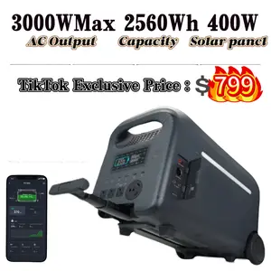 3000W Portable Solar Station with 2560Wh LiFePO4 Battery 1.6-Hour Fast Charging Telescopic Handstick Design UPS Function Wi-Fi Bluetooth Connection Monitoring Data & Software Upgrade Function Expandable Capacity (400W solar panels optional)