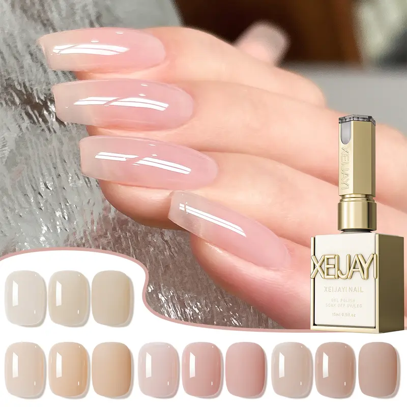 XEIJAYI 4Pcs 15ml Elegant TPO&HEMA-Free Nude Pink Gel Polish Set, Assorted Soft Shades with Glossy Finish, LED-Curing Bottle Nail Art Product for DIY Manicure & Salon Use