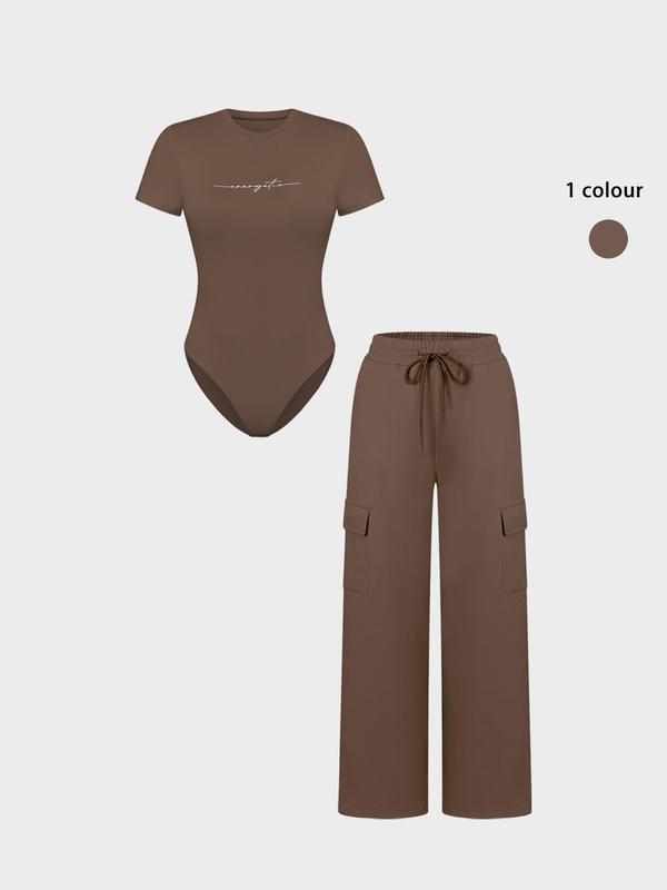 Women's Knit Letter Print Two-Piece Set, Casual Fitted Short Sleeve Jumpsuit & Long Pants, All Seasons Fashion