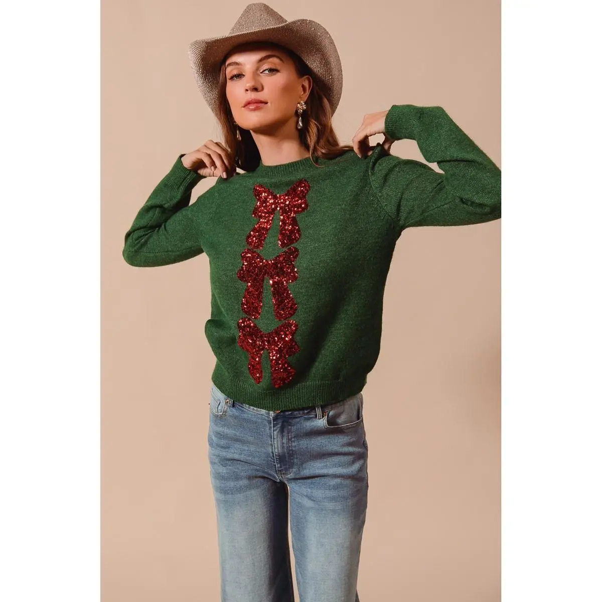 SO ME Sequins Bow Ribbon Embellished Christmas Sweater