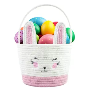Pink Easter Baskets for Kids Empty Cute Bunny Egg Basket with Handle Woven Easter Eggs gifts basket for Storage(Only Baskets)