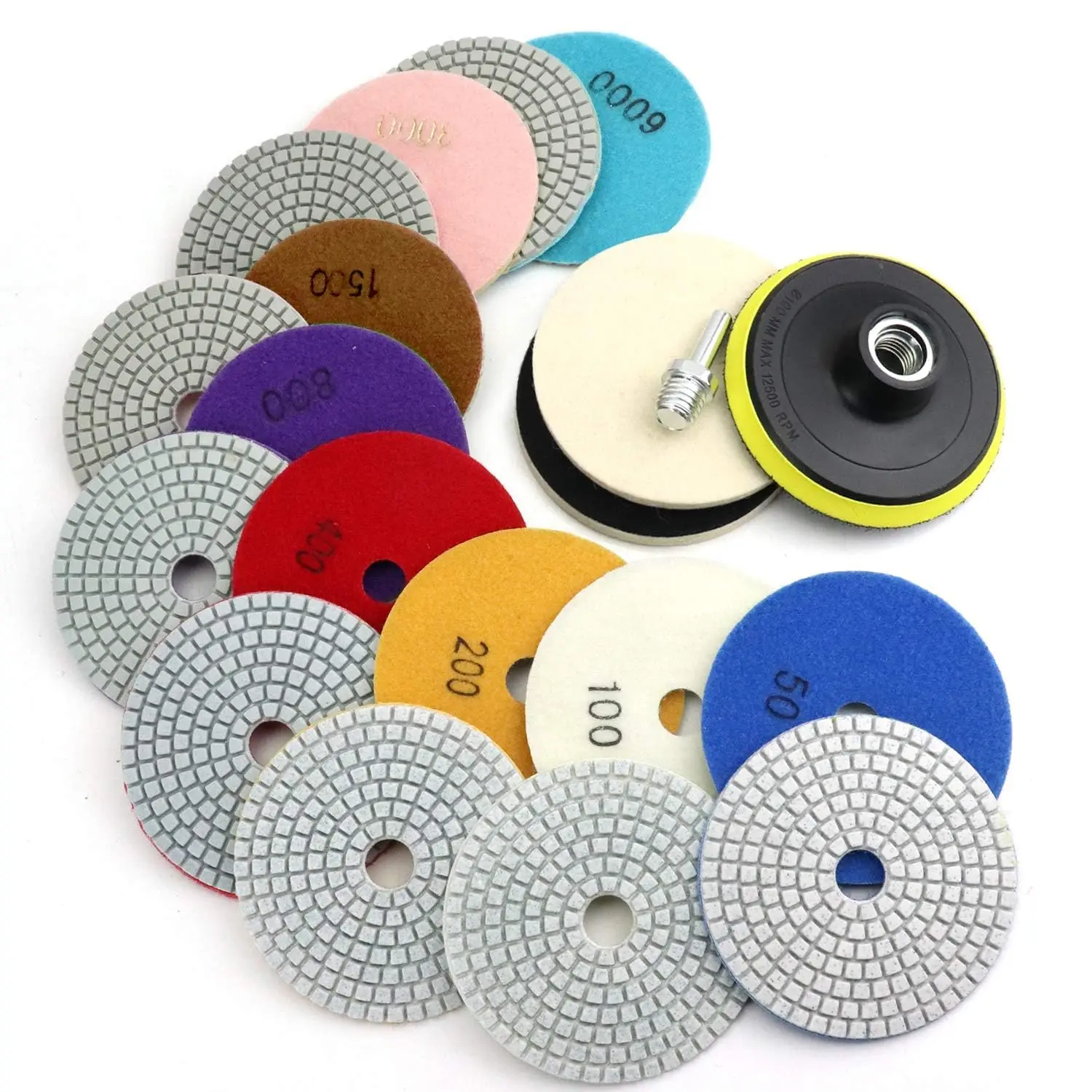 4 Inch  Polishing Pads with 5/8''-11 Backer Pad, 12 count Wet/Dry Granite Stone Polish Pad Kit for Drill, , Polisher, 50-6000 Grit Polishing Pad for Concrete Marble Rock Countertop Quartz