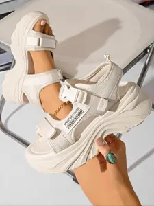 Women's Sporty Platform Sandals, Thick Sole Wedge Design, Adjustable Velcro Closure, Textile Upper & Rubber Sole, Ideal for Beachwear