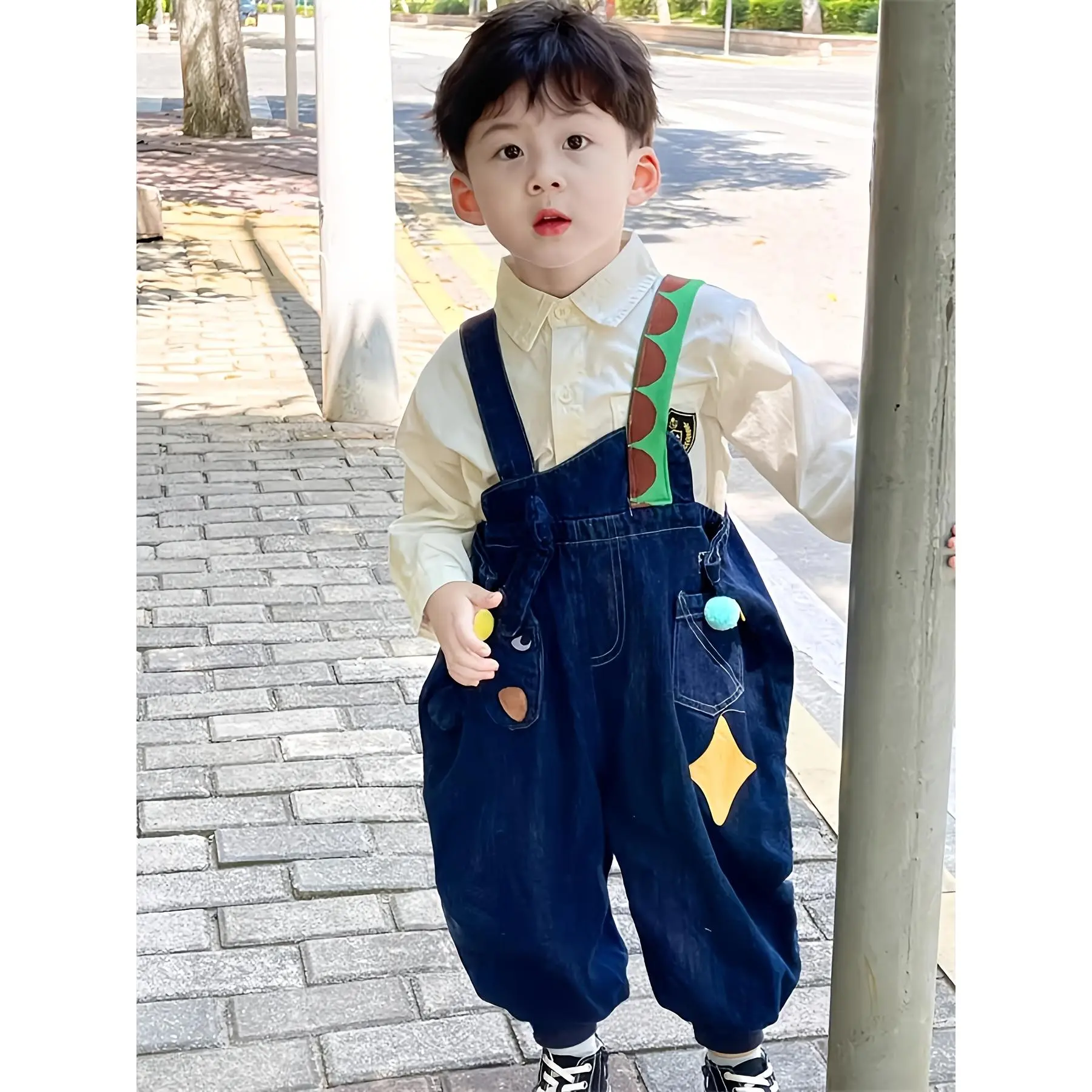 Kids' Cute Clown Denim Overalls for Toddler Boys & Girls, Adorable Cartoon Applique Jumpsuit, Versatile Spring & Autumn Wear, Kid-Friendly Boys' Overalls, Adorable Boys' Overalls