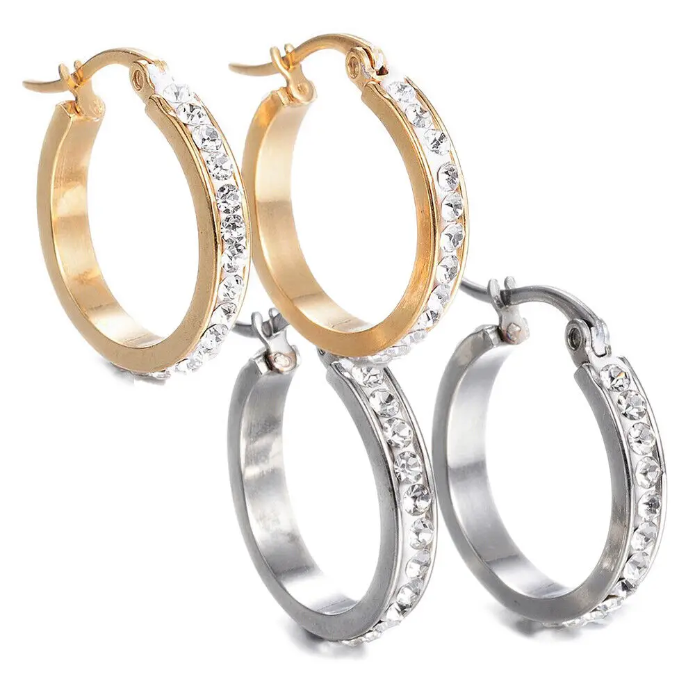 Stainless Steel Hoop Earrings Clay Rhinestone Oval Gold Silver 0.8" P617