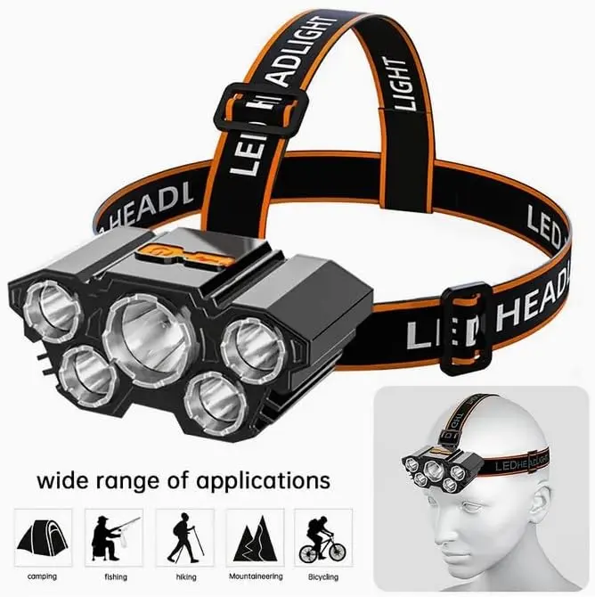 USB Rechargeable Headlamp 2 Pack – 18000 Lumen 5 LED Portable Waterproof Head Light, 4 Modes Adjustable Forehead Flashlight for Camping, Running, Fishing, Car Repair & Hard Hat Work