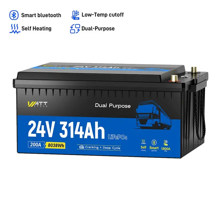 WattCycle 24V 314Ah Rechargeable LiFePO4 Battery with LiFePO4 Cells - Heavy-Duty Vehicle Dual-Purpose, Engine Start, Bluetooth, Self-Heating Functions