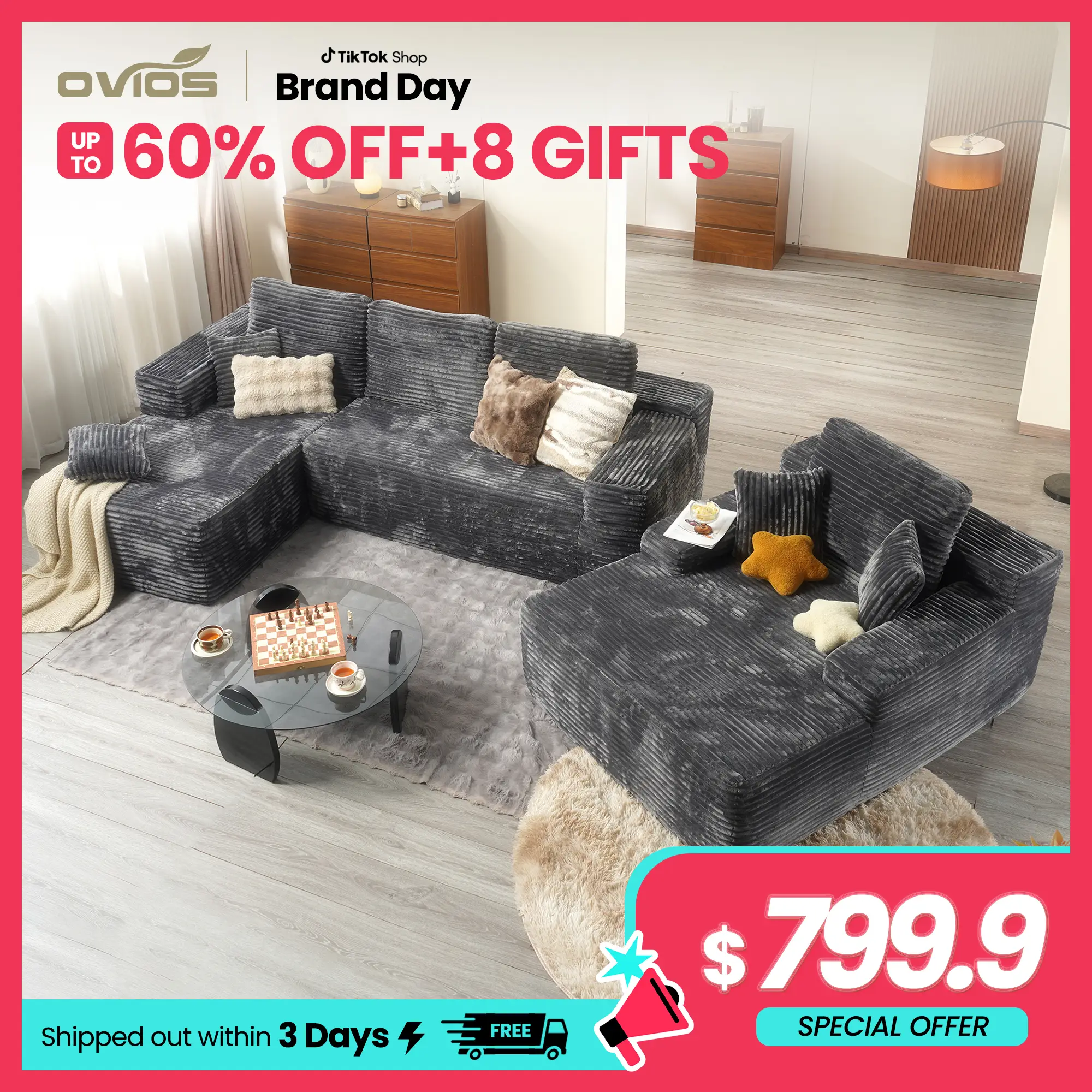 【3 Packages Shipping】Ovios 104" Modular Couch with Chaise and 49'' Boneless Chaise Lounge - L-Shaped Sectional Sofa Set with Flexible Configuration, P