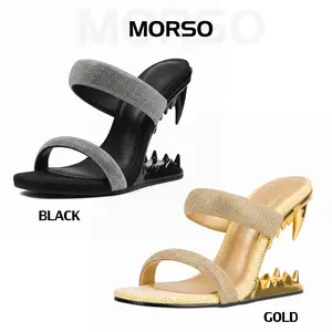 CYNLLIO Womens Morso Rhinestone Metallic Mule Heels Tiger Teeth Shark Heel Open Toe Two Strap Slip-On Sandals Party Wedding Fashion