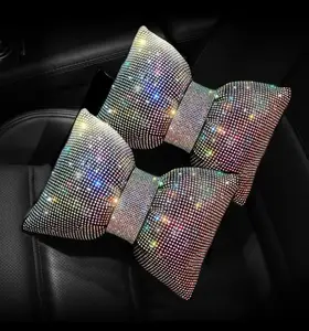 Rhinestone Car Headrest Neck Pillow for Driving with Bling Bling Crystal Bow Pillow Car Accessories for Women