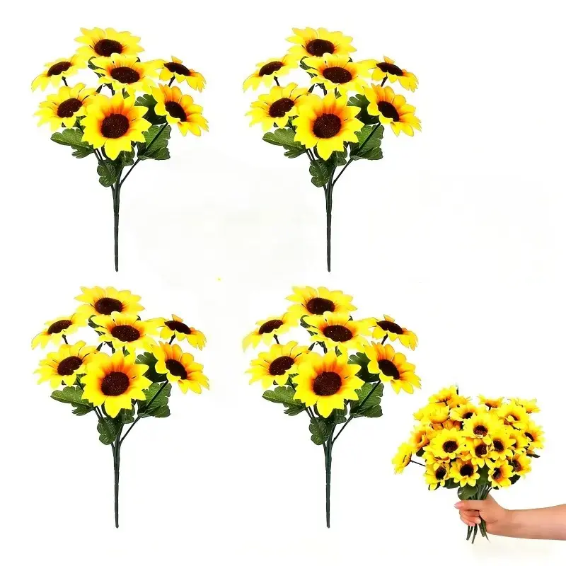 4 Vibrant Sunflower Stems, Artificial Bouquet, UV Resistant Plastic, Outdoor Flowers, Fade-Resistant Plants for Garden Porch Window Frame Decor