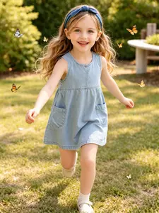 Light Blue Denim Sleeveless Dress with Pockets for Girls – Casual Summer Outfit for Kids