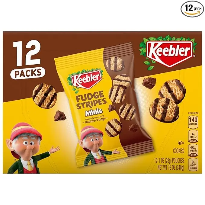 Keebler Fudge Stripes Original Cookies, On-The-Go Snack Packs, 12 oz Box, 12 Individually Wrapped Cookie Packs, Fudge-Dipped Shortbread Cookies
