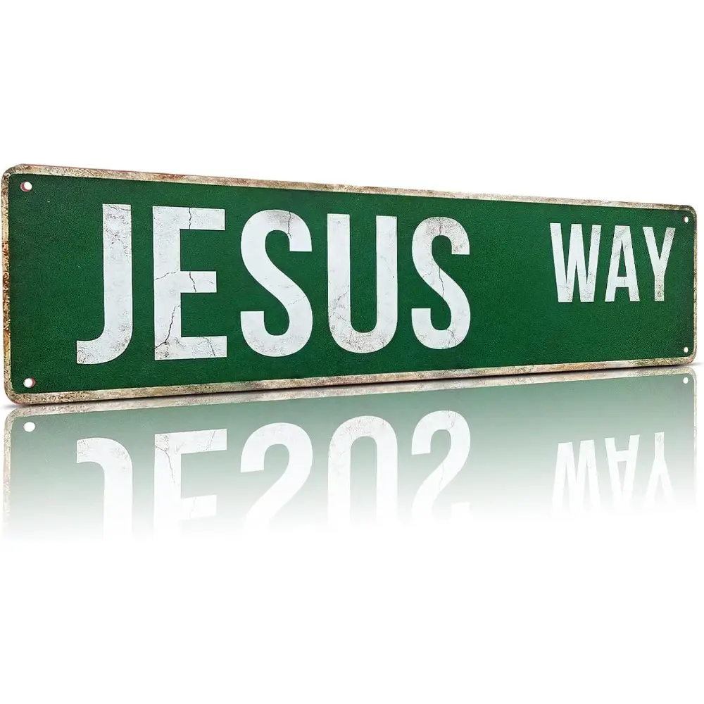 Waterproof Traditional Jesus Way Vintage Aluminum Street Sign - 4x16in Farmhouse Christian Home Decor Plaque - Mountable Hanging Inspirational Faith Gift for Adults - Ideal for Church