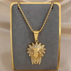 Men's Stainless Steel Native Indian Chief Cubic Zirconia Iced Pendant & 24" Rolo Chain Bling Necklace Jewelry Unisex Men Women (SP4056)