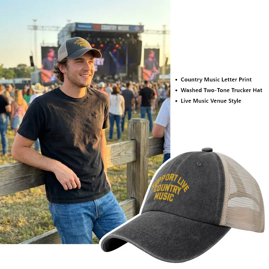 Support Live Country Music Trucker Hat | Vintage Washed Gray Mesh Cap,Country Music Lover Vintage Trucker Cap | Retro Live Music Graphic Hat,Country Music Printed Trucker Hat | Gray Adult Casual Streetwear Cap