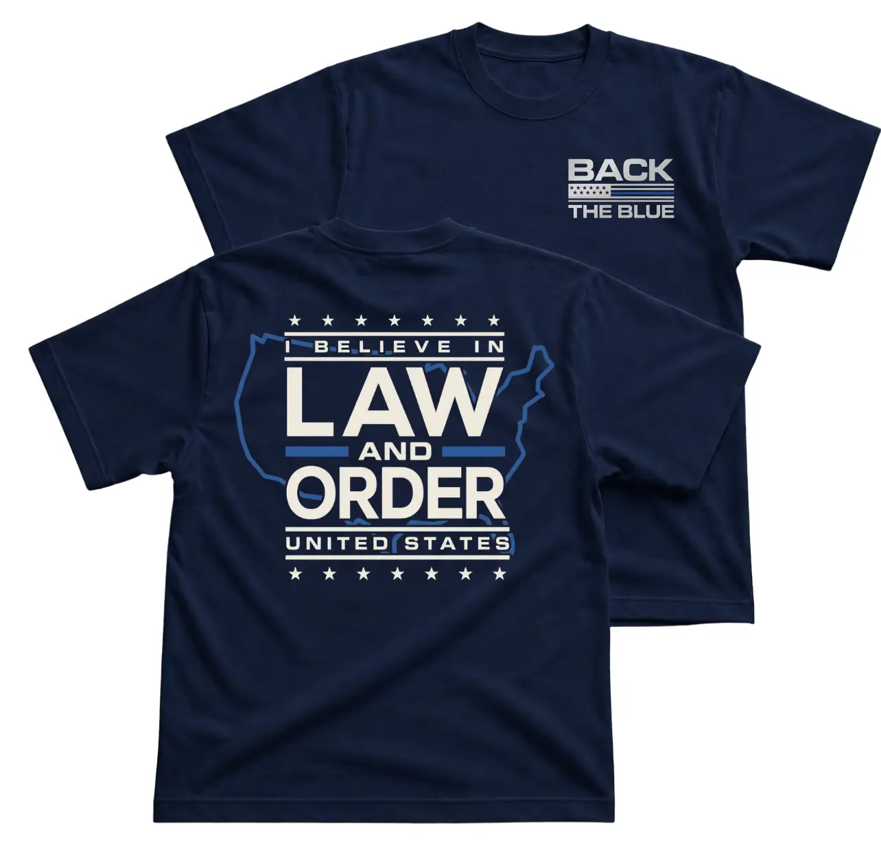 Back The Blue Law And Order T-Shirt, I Believe In Law And Order Graphic Tee, United States Police Support Back Print Shirt, Thin Blue Line Patriotic Supporter Apparel, Front Chest Flag Logo Top for Men Women
