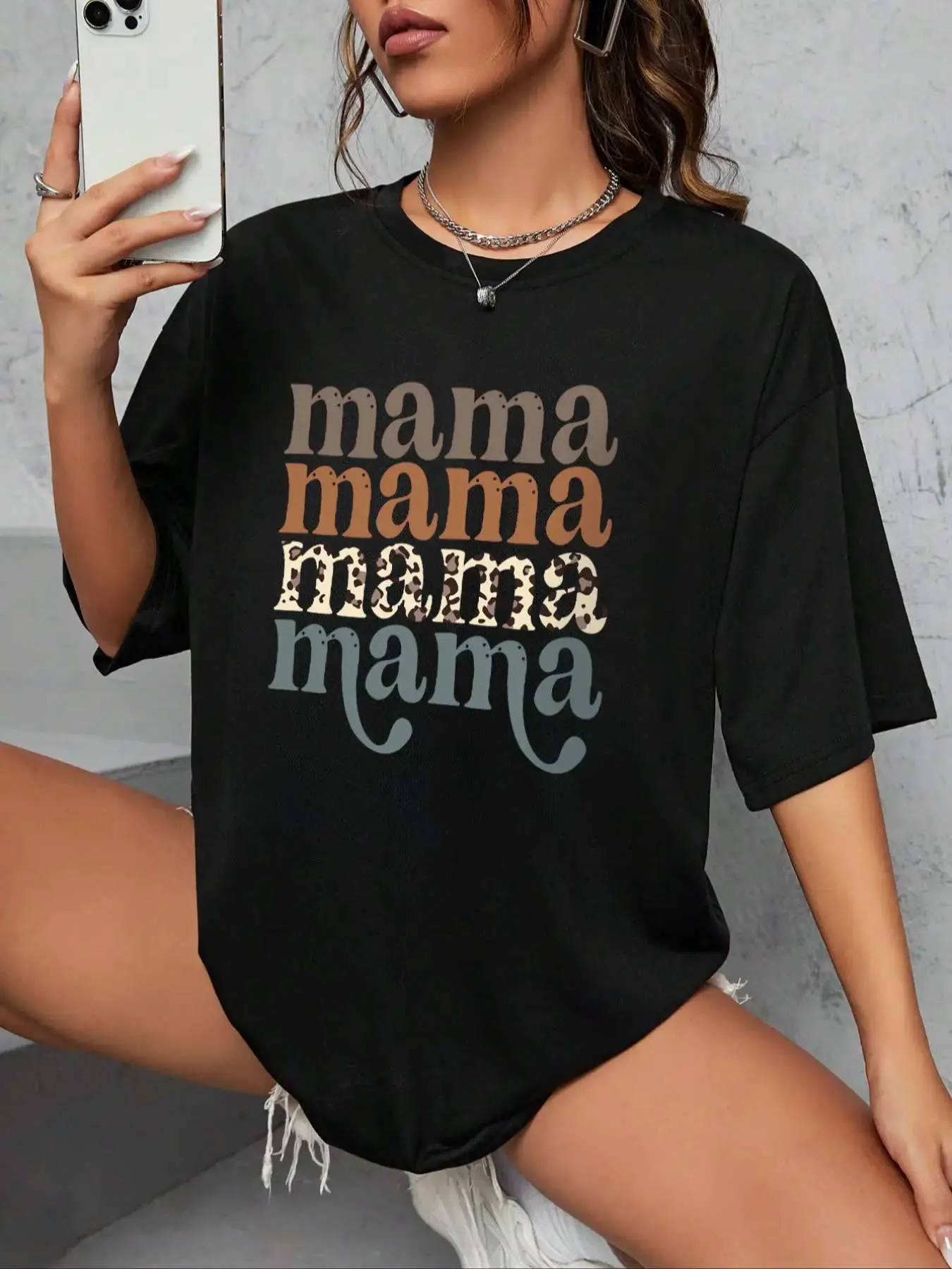 [100% Cotton] Women'S "Mama" Letter Print Round Neck Graphic Tee, Vintage Trendy Casual Drop Shoulder Half Sleeve T-Shirt For Daily Wear, Ladies Summer Outfit T-Shirt For Men And Women