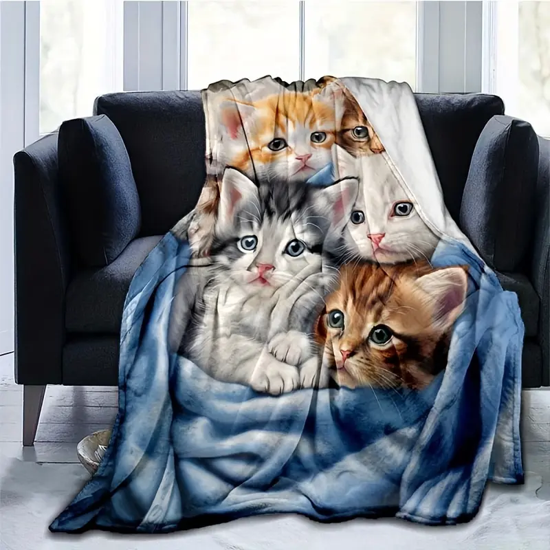 1pc Fluffy Synthetic Kittens Print Flannel Throw Blanket - Durable, Warm, Ultra Soft Polyester Blend, Machine Washable, Home Decor Tapestry for Sofa, Movies, Boho Western Galaxy Hippie Gallop Wal Sp Decor, Friends And Family, One-Piece