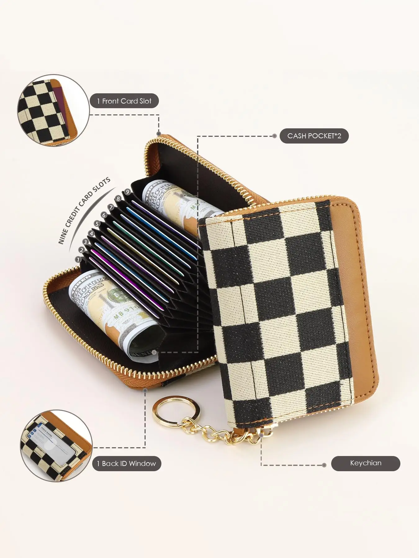 Checkered Women's Solid Color Zipper Card Holder, Fashionable Short Wallet with Wristlet, Casual Versatile Card Holder for Daily Used