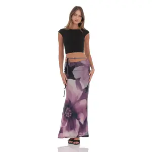 Mesh Floral Maxi Skirt in Purple