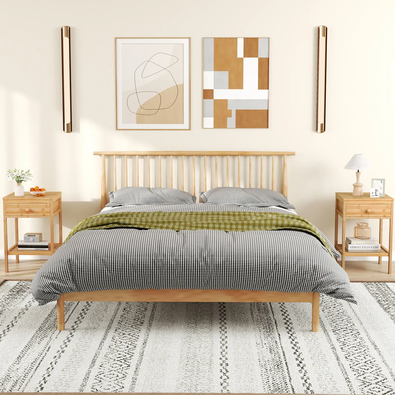 COSTWAY - Set of 1/2 Bamboo Nightstand Bedside Table with Storage Drawer and Open Shelf-2 pieces