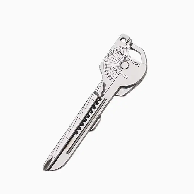 Compact Stainless Steel Multitool for Outdoor Enthusiasts - Key-Shaped EDC Tool with Knife, Bottle Opener, Protractor, Pry Claw & Ruler in Inches, 8-In-1 Functionality, Anti-Loss Keyring Hole, Measuring Ruler, Serrated Edge, Metal, Ultra-Portable, Outdoor