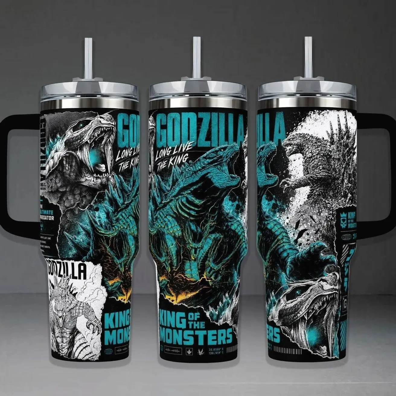 Godzilla King of the Monsters Kaiju Tumbler Cup, Blue Black Monster Full Wrap Stainless Steel Insulated Tumbler 20oz/40oz With Straw Lid Included, 40oz Handle Option