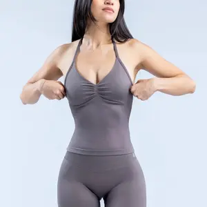 DFYNE Impact Longline Strappy Top - Seamless Sculpting Gym Tank with Cross Back Design, High-Stretch Activewear Scrunch Butt Leggings Set