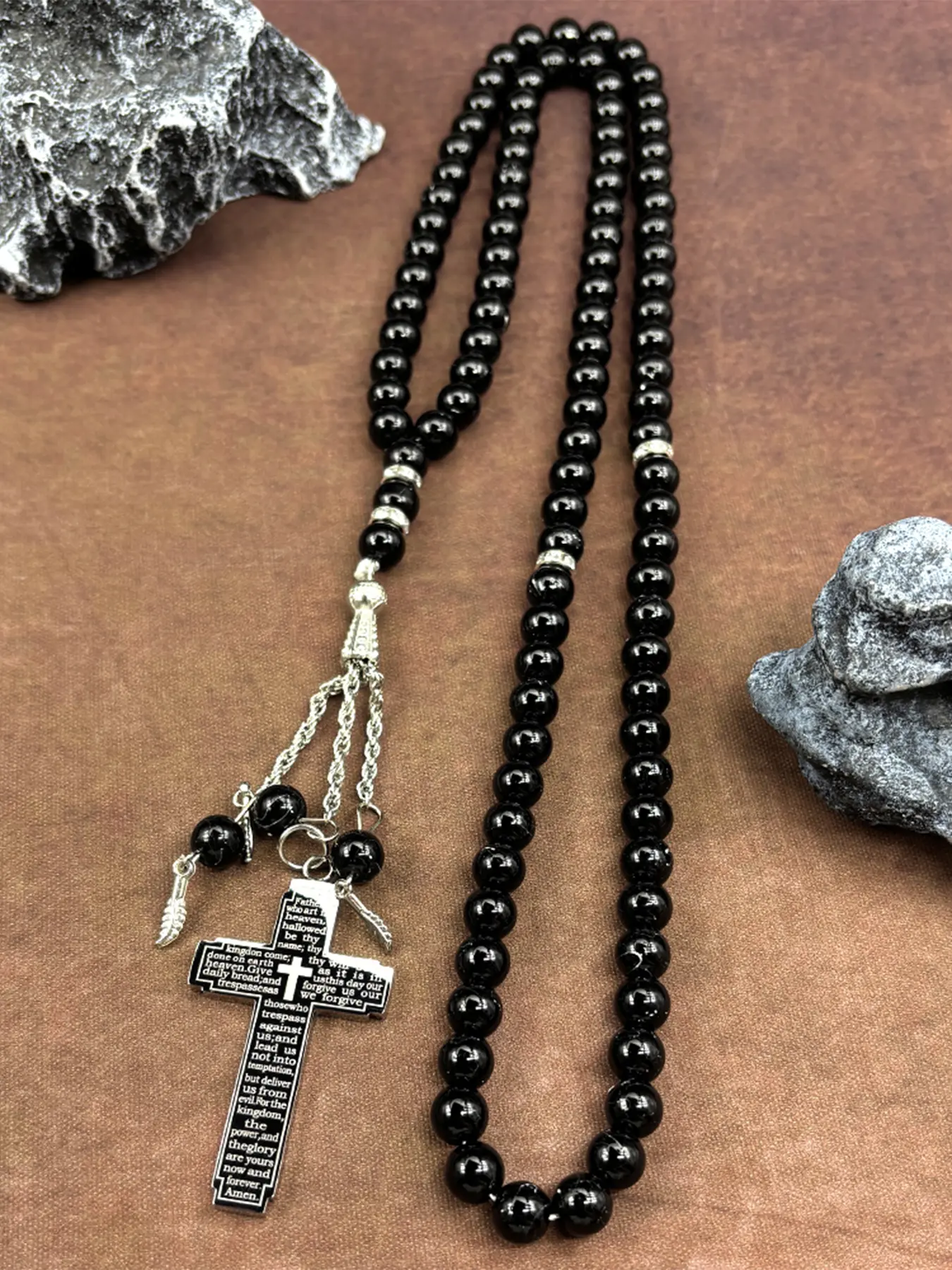 Christian Bible Cross Chain Necklace Stainless Steel Pendant for Men Women Silver Prayer Beads Chain Jesus Amulet Cross Design Faith Necklace