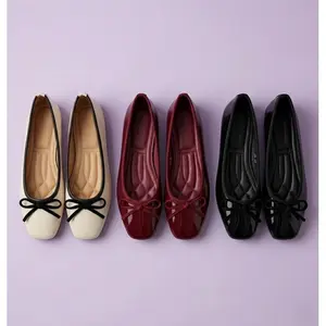 Women's Square Toe Ballet Flats - Patent Leather Dress Shoes with Elegant Velvet Bow - Comfortable Quilted Padded Insole - French Style Slip-on Flats for Office, Wedding & Daily Wear