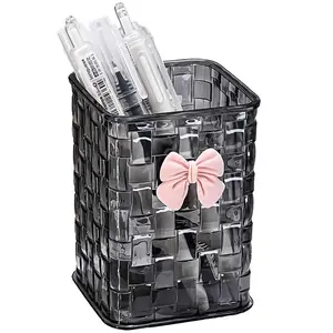 Viral Luxury Woven Texture Bowknot Makeup Organizer, Aesthetic Clear Desk Storage Bin, Multi-purpose Vanity & Office Organizer for Girls