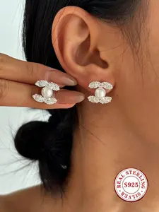 S925 Sterling Silver Pearl Accents & Marquise Cut Cubic Zirconia Stud Earrings, Hypoallergenic — Elegant Bridal Suitable & Daily Wear Jewelry, Perfect Jewelry Gift for Her, Sparkle