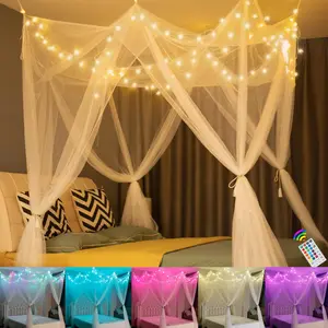 White 8 Corner Princess Bed Canopy with 24 Colors Star Lights, Color Changing LED String Lights with Remote Timer for Girls Adults Women Bedroom, Fits Twin Full Queen King Bed