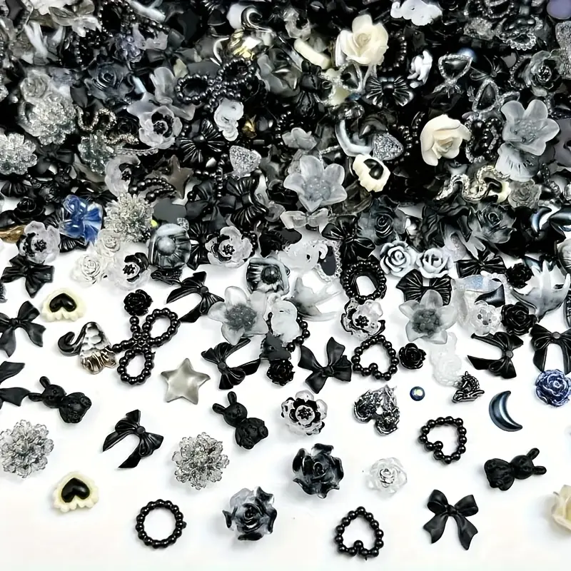 Gothic Nail Charms, 50/100 Pcs Black & White Mixed Metal Resin Cabochons, Flatback Punk Designs with Heart, Cross & Bow for DIY Nail Art Supplies, Nail Supplies, Charms For Nail