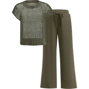 Two Piece Outfits Crochet Sheer Knit Sweater Top Wide Leg Pants Lounge Matching Sets Travel Clothes