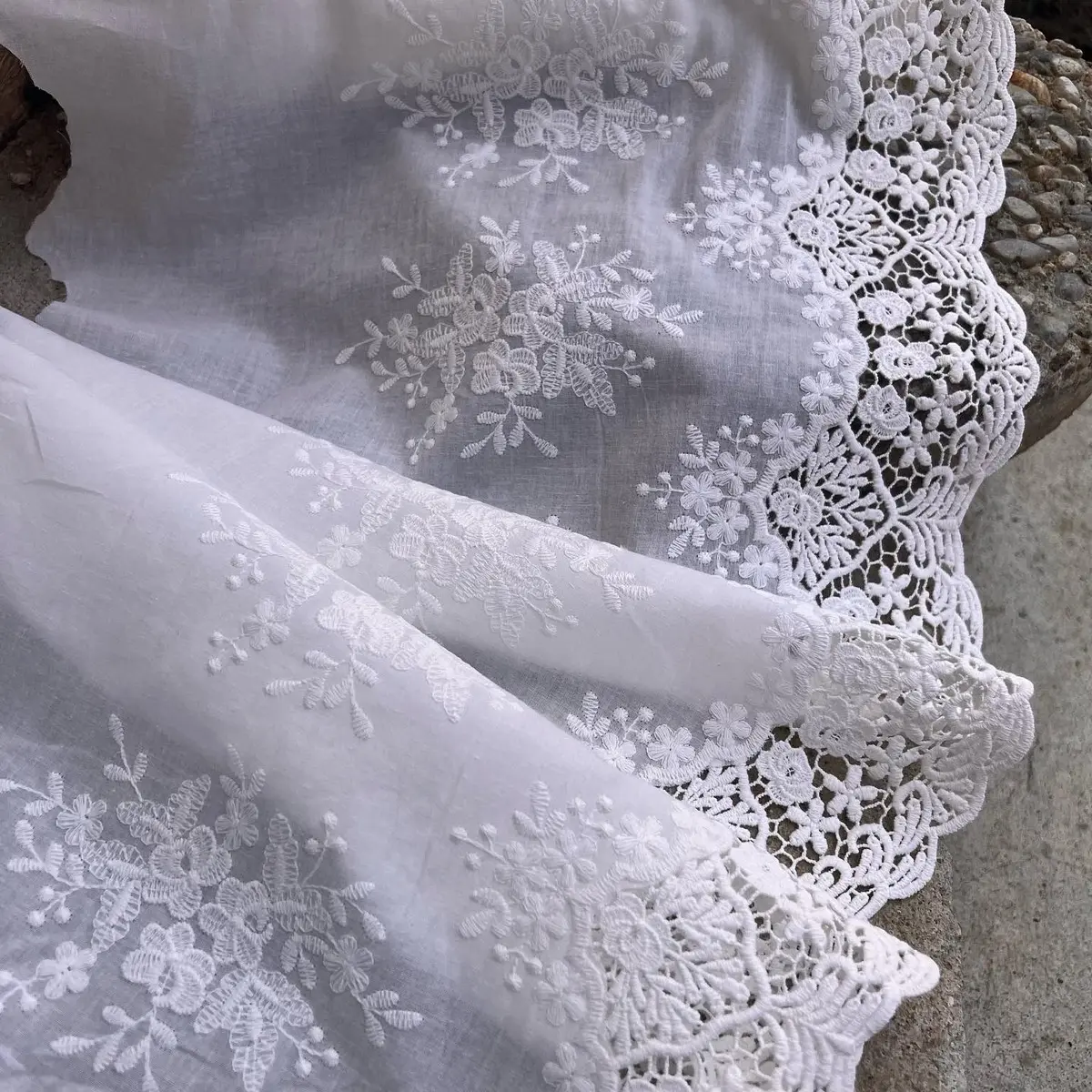 Embroidered cotton Lace trim 14 inches (35cm) wide for Bridal, Crochet, and Home Decor. Natural Off white Lace trim fabric for eyelets