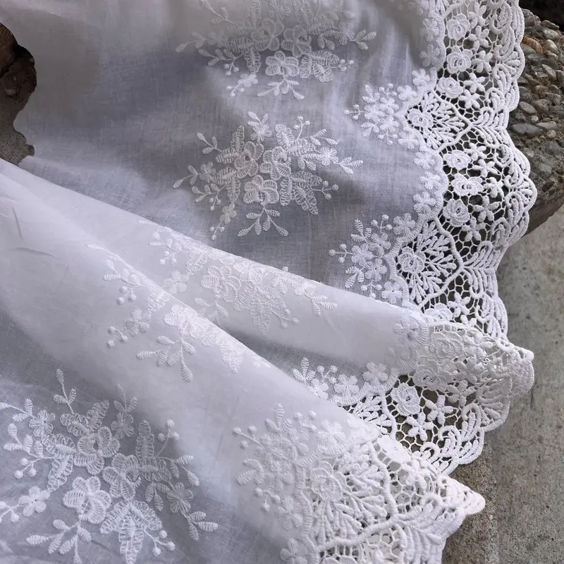 Embroidered cotton Lace trim 14 inches (35cm) wide for Bridal, Crochet, and Home Decor. Natural Off white Lace trim fabric for eyelets