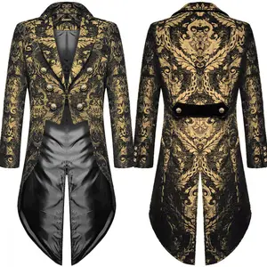 Steampunk Tailcoat Jacket Black Brocade Satin Wedding Coat