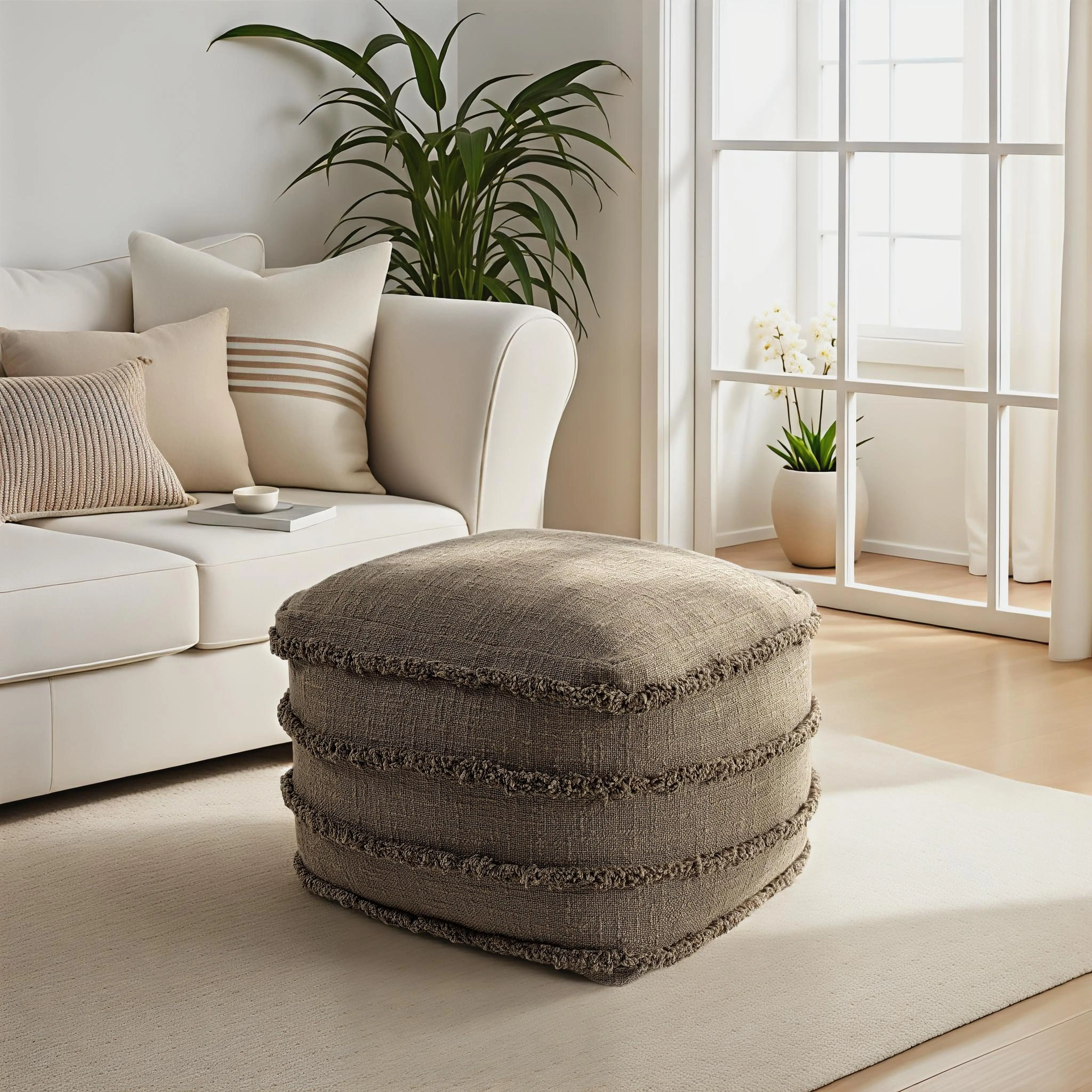 Undine Shag Striped Handmade Cotton Medium Square Pouf Ottoman (Brown, Blue, Beige, Navy Blue, Gray)